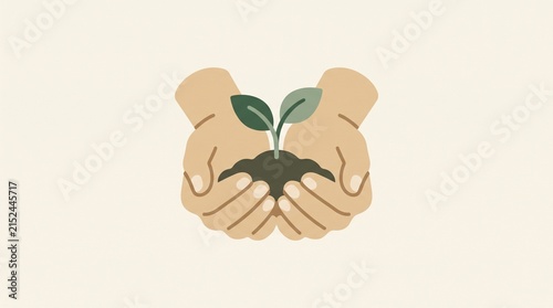 Cupped Hands Holding Soil and Young Seedling Symbolizing Sustainable Agriculture, Plant Growth, Environmental Responsibility, Gardening, Ecology and New Life