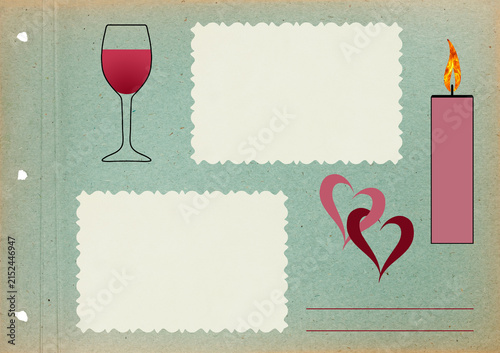 Page for stories. Photo album layout with empty photo frames. Wine glass, wine, candle. Page from an old photo album. For invitations und greetings.