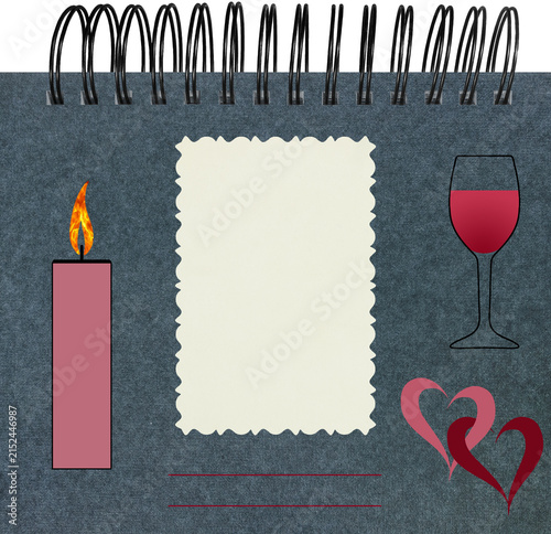 Page for stories. Photo album layout with empty photo frames. Wine glass, wine, candle. Page from an old photo album. For invitations und greetings.