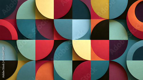 Colorful geometric vector pattern features overlapping semicircles and squares