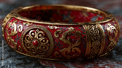 Ornate red and gold bracelet rests on a dark textured surface