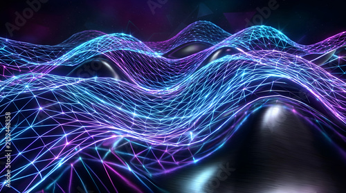 Neon blue and purple digital wireframe waves provide futuristic data visualization background for technology concepts.