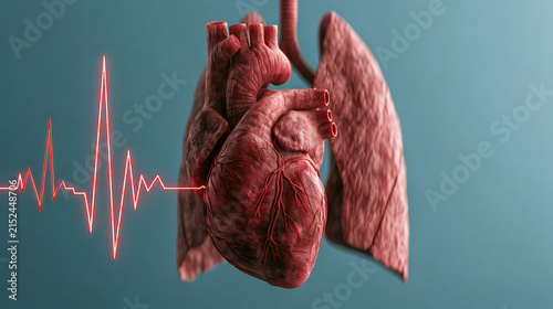 Human heart and lungs with a vibrant red heartbeat EKG line overlay