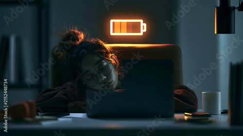 Young woman sleeps near laptop with glowing low battery indicator