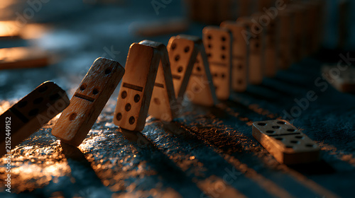 Falling dominoes create a chain reaction with dramatic shadows and warm lighting