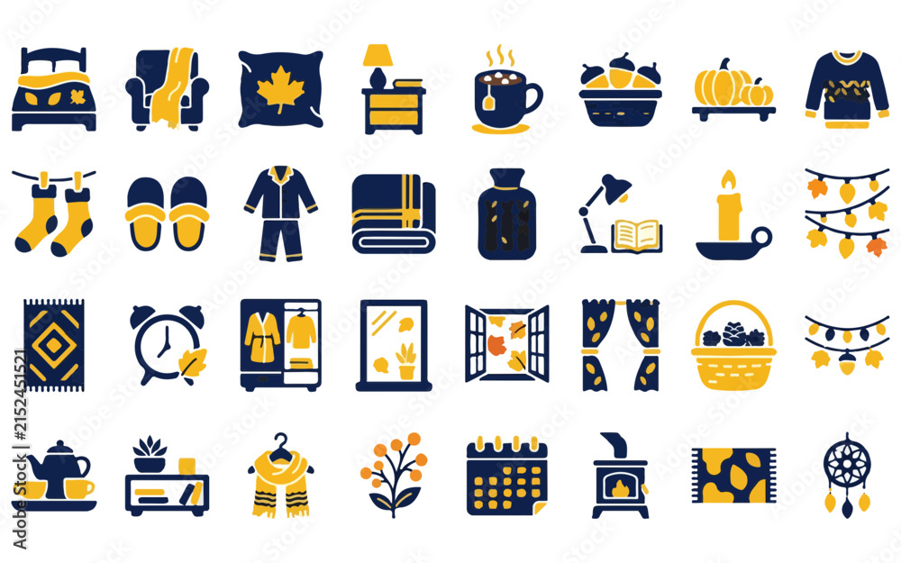 Fototapeta premium Cozy autumn interior design elements icon set collection featuring comfortable home decor and seasonal fall lifestyle items