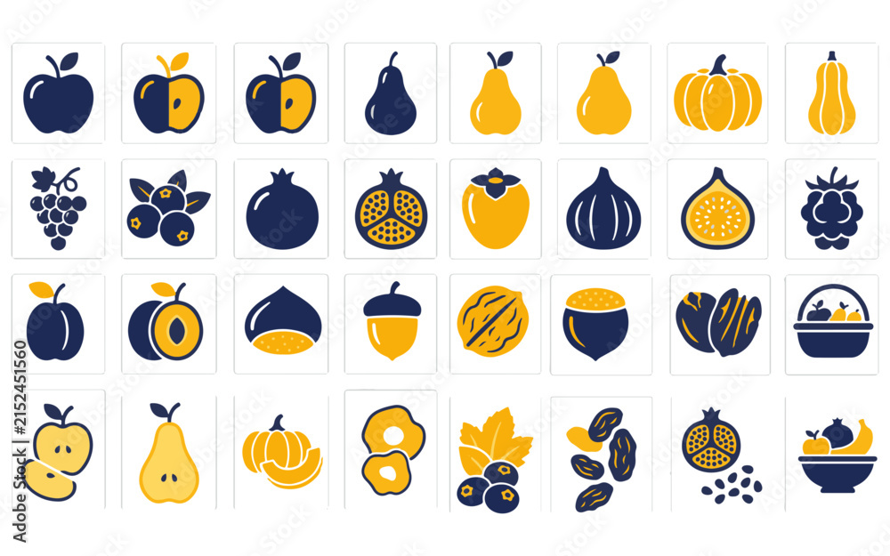 Fototapeta premium A comprehensive flat design fruit and nut icon set collection featuring various healthy food items for digital projects
