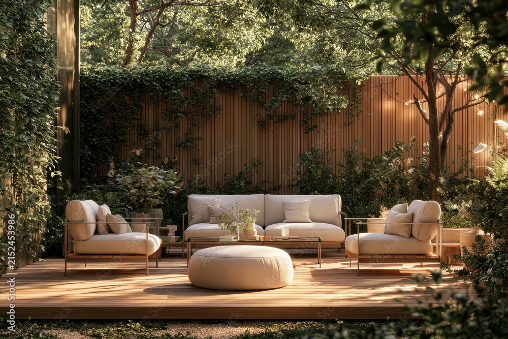 Fototapeta premium Cozy garden lounge with wicker seating, pouf, and lush greenery on a warm afternoon