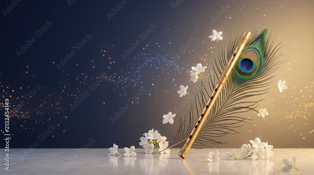 Naklejka premium Golden Indian Flute with Peacock Feather and White Flowers