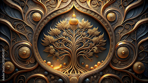 Intricate metallic tree sculpture with glowing orbs and ornate design