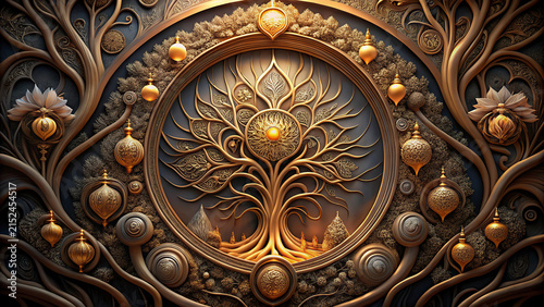 Intricate metallic tree sculpture with glowing orbs and ornate design