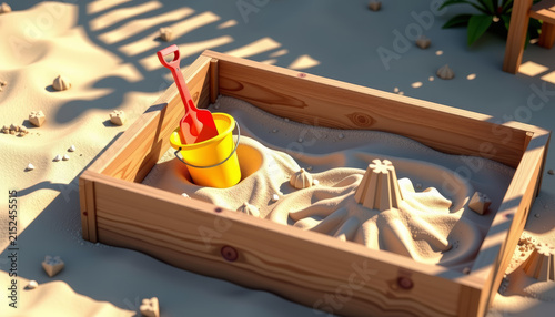 A vibrant wooden sandbox featuring a bright yellow bucket and a red shovel nestled in soft sand