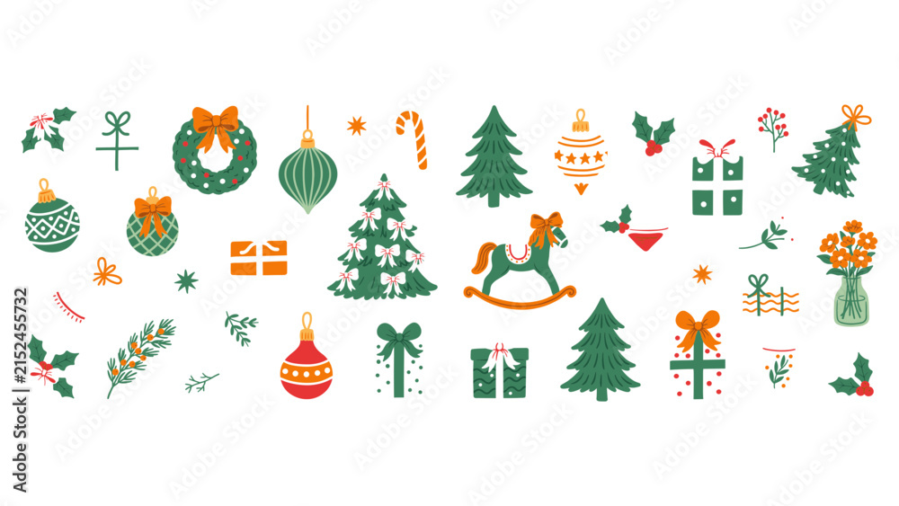 Naklejka premium Set of hand-drawn christmas with pine trees, ornaments, gift boxes, and festive foliage on a white background