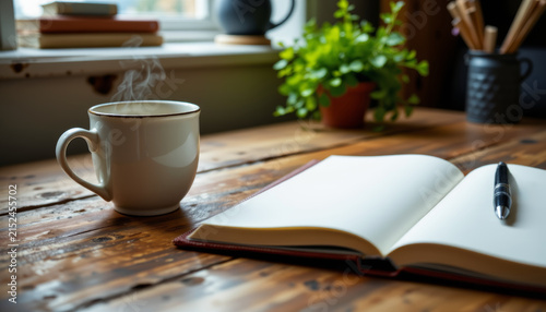 A close-up image of a rustic wooden table, steam rising from a coffee cup, an open leather notebook, and an elegant pen.