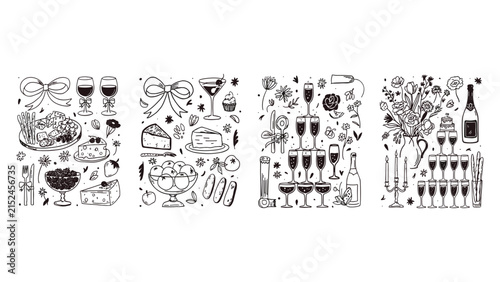 Hand-drawn doodle collection of party food, champagne towers, wine glasses, cheese platters, and floral arrangements on a white background