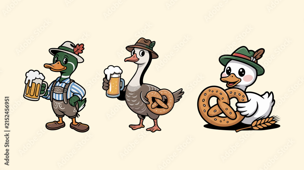 Naklejka premium Cute cartoon duck characters wearing traditional bavarian outfits, holding beer mugs and pretzels, oktoberfest celebration set