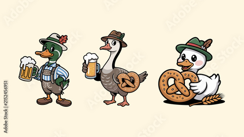 Cute cartoon duck characters wearing traditional bavarian outfits, holding beer mugs and pretzels, oktoberfest celebration set