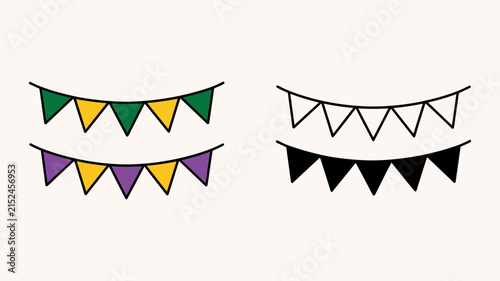Four bunting flag garlands with triangular pennants in different color combinations isolated on a light cream background