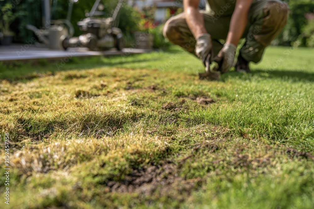Fototapeta premium Patchy lawn showing disease and pest damage in need of maintenance