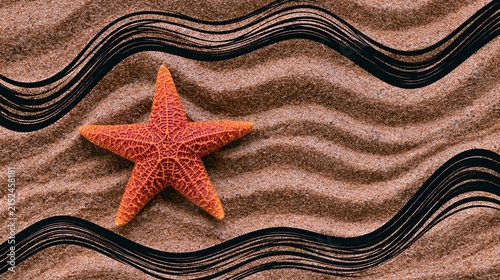 Close up of orange starfish resting on textured sand with black wave patterns