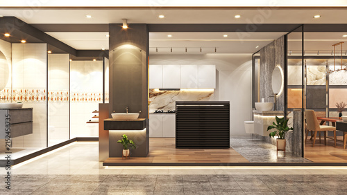 Contemporary home interior showroom featuring kitchen cabinets and tile wall material samples showroom interior cabinets furniture materials architecture renovation commercial apartment