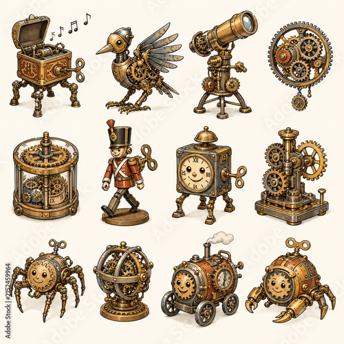 Cute vintage steampunk clockwork gizmos and mechanical wind up toys set, brass gears, clockwork bird, music box and spider robot clip art illustration bundle