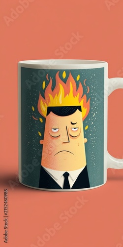 Burnout man cartoon on mug feeling work stress