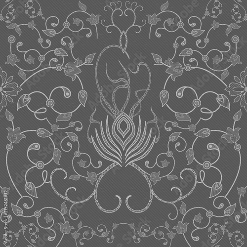 Fotografie Seamless vintage floral damask pattern with ornamental scrollwork on grey backgr