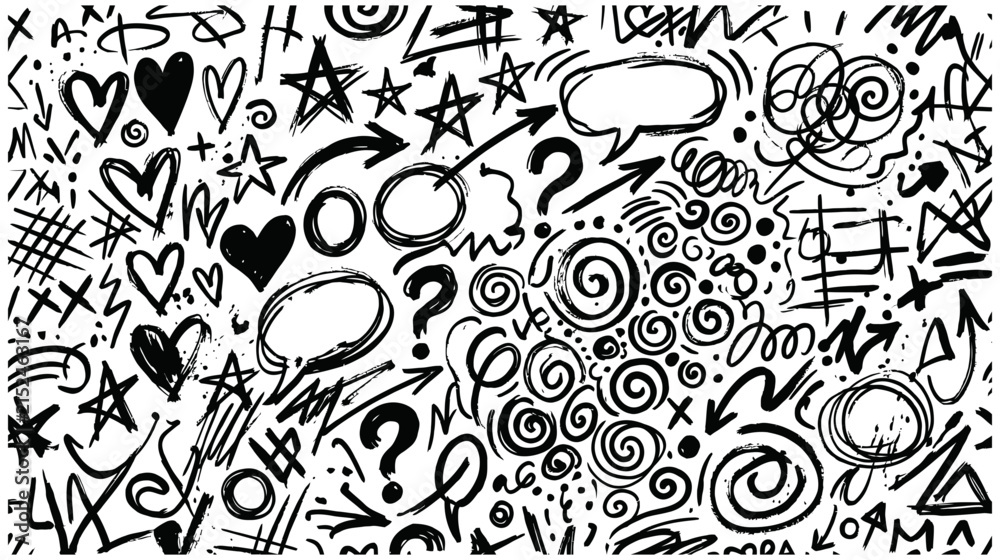 Fototapeta premium Black and white hand drawn doodle style background with hearts stars arrows and question marks