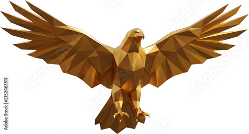 Golden low poly eagle spreading wings in flight