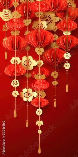 Red chinese lanterns and golden paper flowers