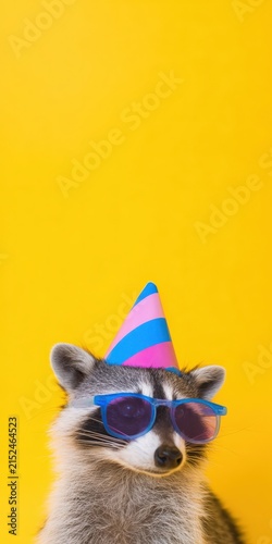 Raccoon celebrating wearing birthday party hat and sunglasses