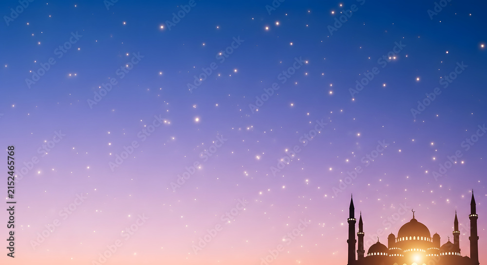Fototapeta premium Mosque silhouette against a starry night sky with a gradient purple and orange background
