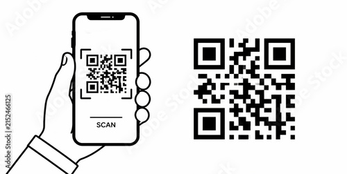 Hand holding smartphone scanning QR code. Mobile payment and digital identity concept.
