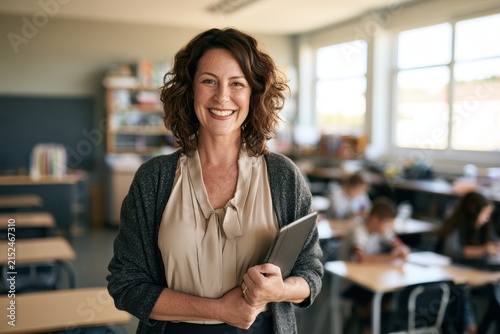 Portrait of a mature female teacher in a bright classroom holding a digital tablet