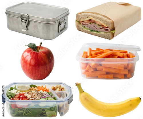 Foto A collection of healthy school lunch items including fruit, a sandwich, vegetables, salad, and a lunchbox