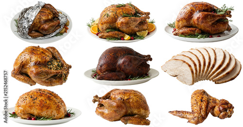 Obraz na plátně A collection of roasted Thanksgiving turkey preparations including whole birds, carved pieces, stuffed, smoked, and basted presentations