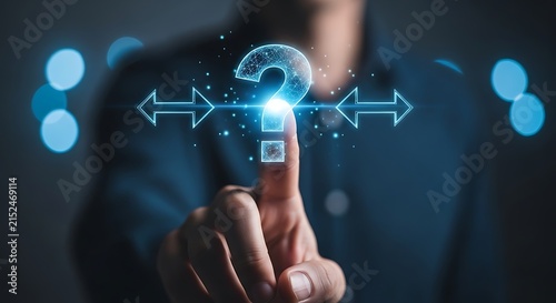 Obraz na płótnie Hand Touching Glowing Digital Question Mark with Directional Arrows for Choice and Problem Solving.