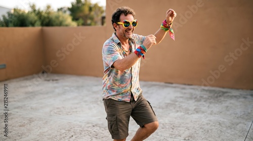 Man in colorful outfit dancing outdoors with joy and vibrant accessories