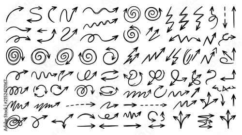 Hand drawn arrows and spiral shapes on a black background