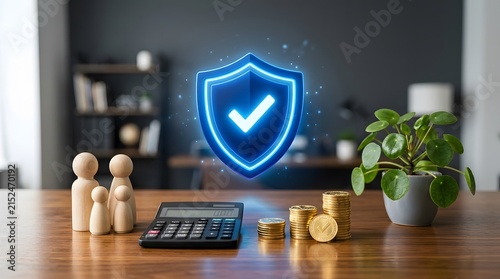 Family financial security concept with protection shield and coins.