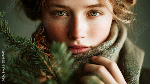 Emotional portrait of a young woman wrapped in a warm scarf among evergreen branches during winter.