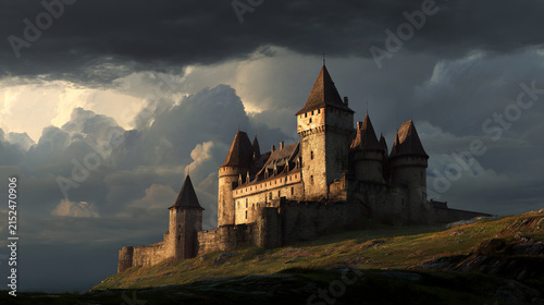 Majestic medieval castle standing on a hill under a dramatic stormy sky. Historic architecture, moody atmosphere and cinematic lighting, fantasy, tourism and history