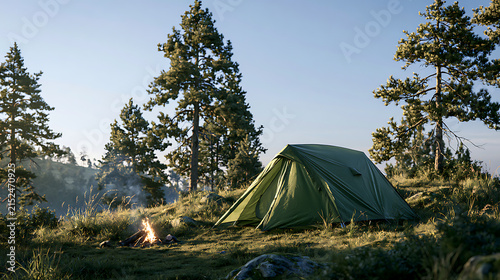 Green camping tent sits on a grassy hill surrounded by evergreen trees