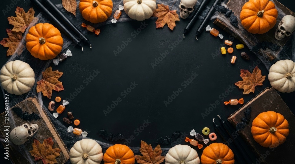 Fototapeta premium Assorted autumn pumpkins and gourds on dark background