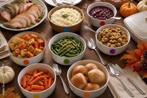 Allergy aware Thanksgiving buffet with separated dishes, dedicated utensils and plain color markers for safer inclusive dining