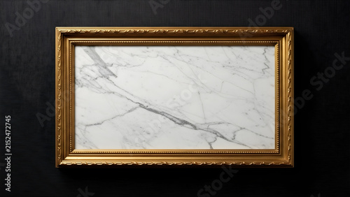 Elegant Rectangular Ornate Gold Frame Featuring a Luxurious White Marble Surface Displayed Against a Sophisticated Dark Textured Background