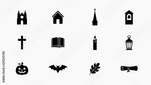 Twelve minimalist black icons featuring religious and holiday symbols on light background with architectural elements rendered bold black silhouette style against neutral backdrop
