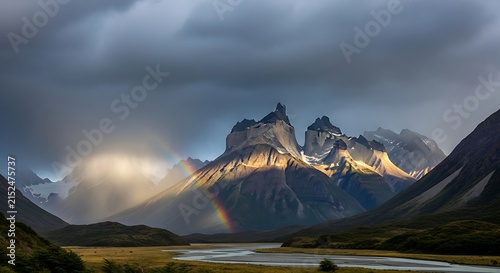 Majestic mountain peaks bathed in dramatic sunlight with a rainbow during a stormy sky over a serene valley