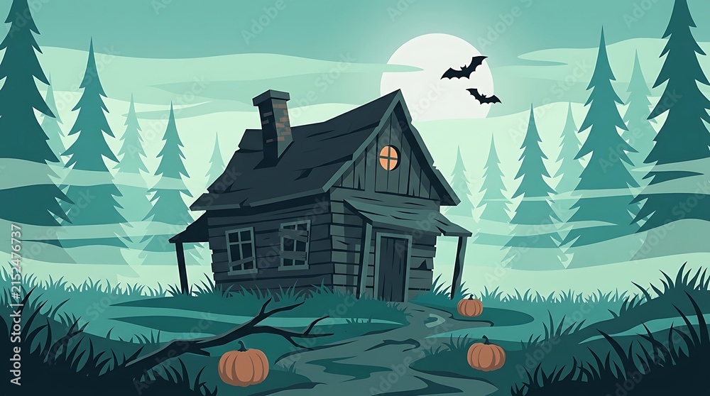 Obraz premium Spooky haunted log cabin in a misty forest at night with glowing pumpkins and flying bats for halloween